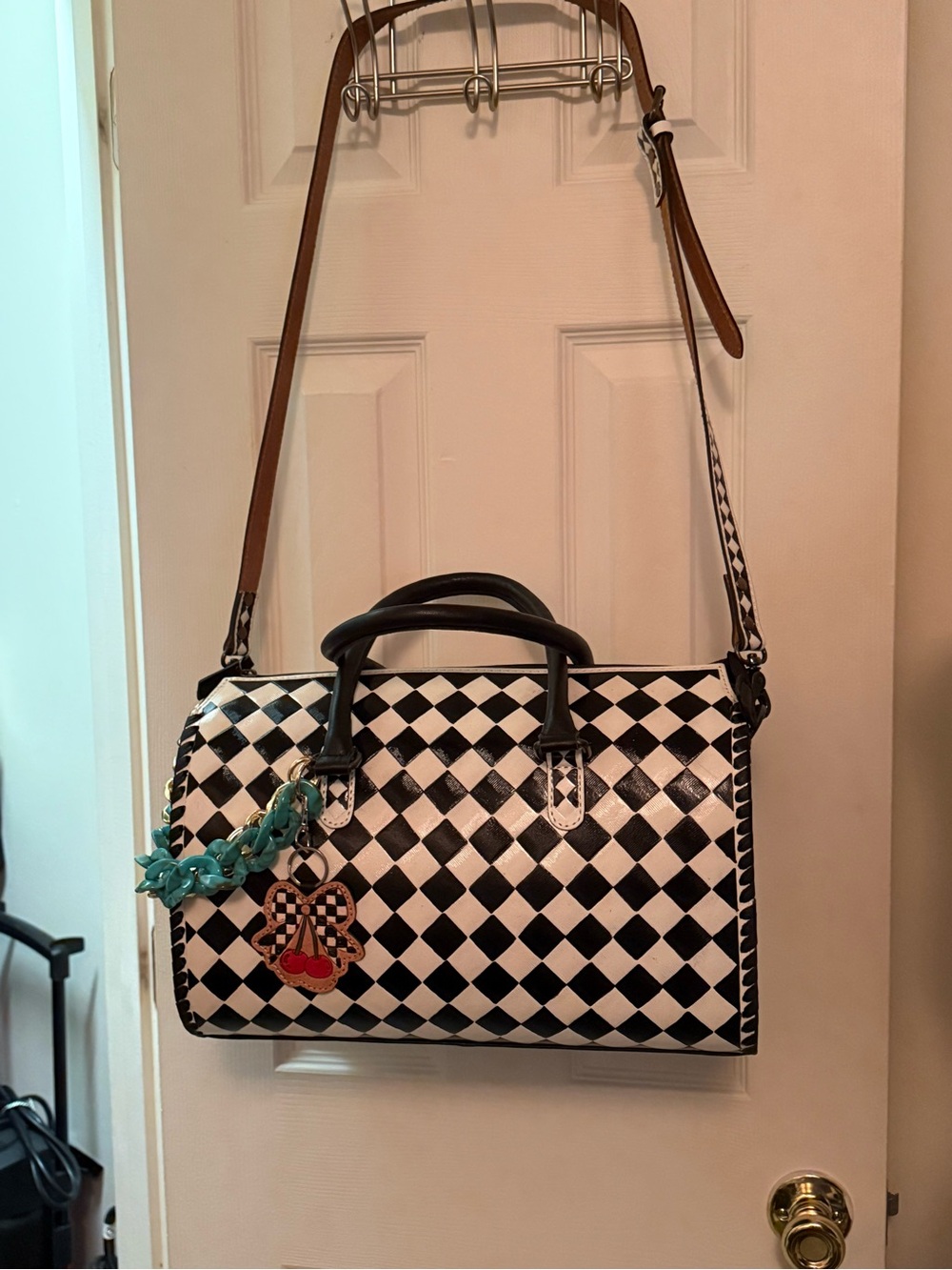 Leather Black and White Checkered Satchel Handbag with Detachable Strap